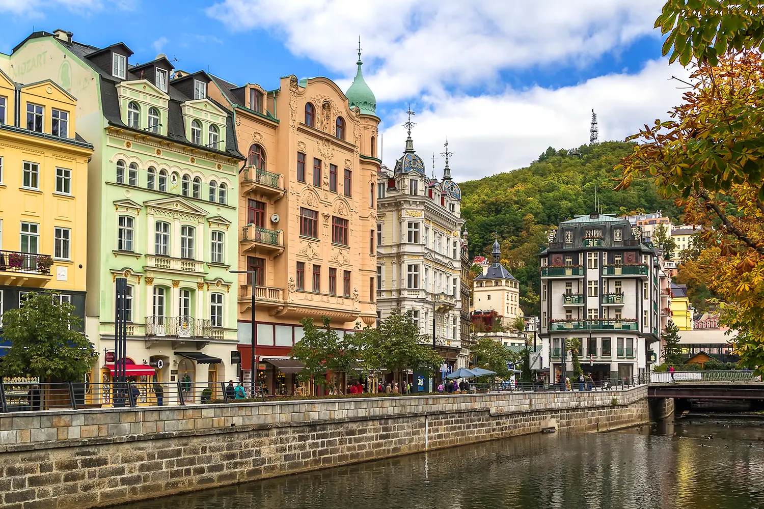 Tepla river in the center of Karlovy Vary, Czechia